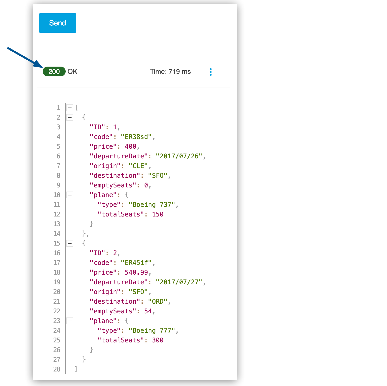 API Console 内で強調表示されている 200 OK 応答