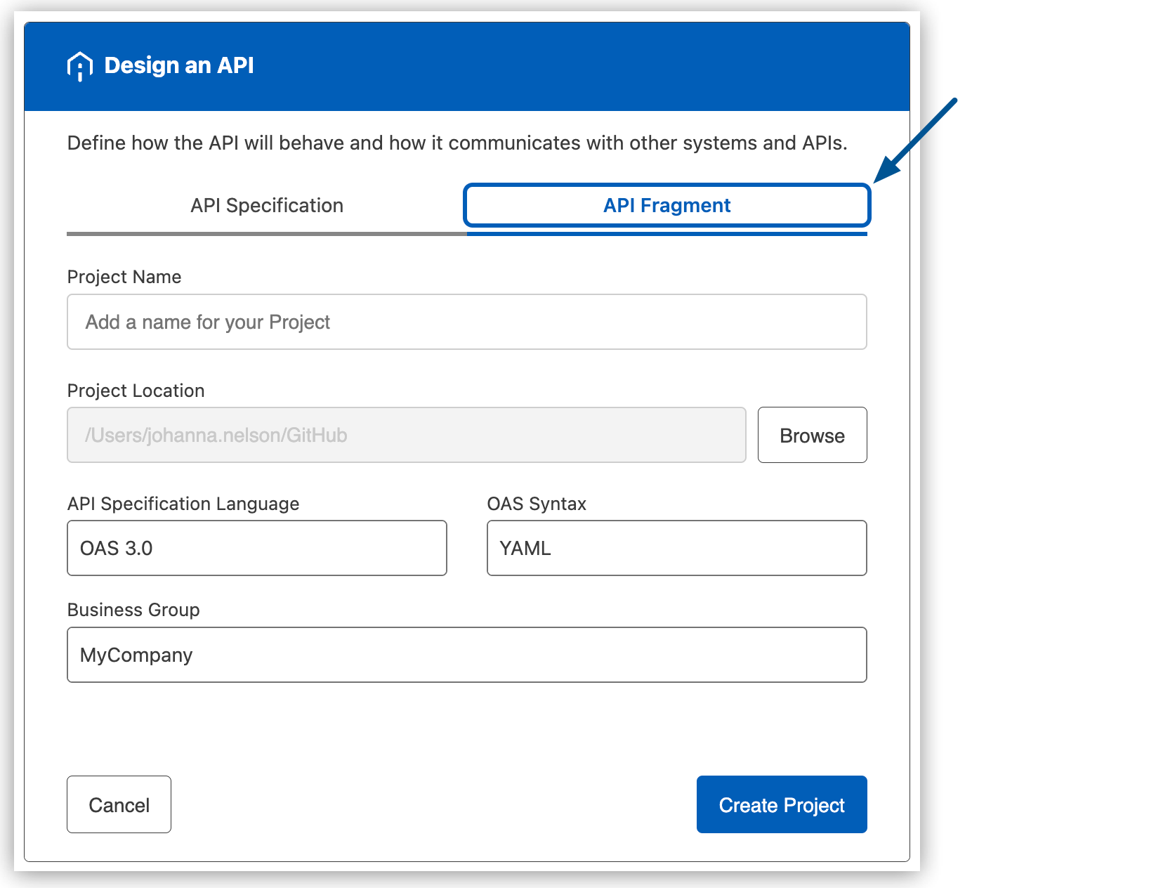 「Design an API (API の設計)」 ページの 「API Fragment (API フラグメント)」 タブ