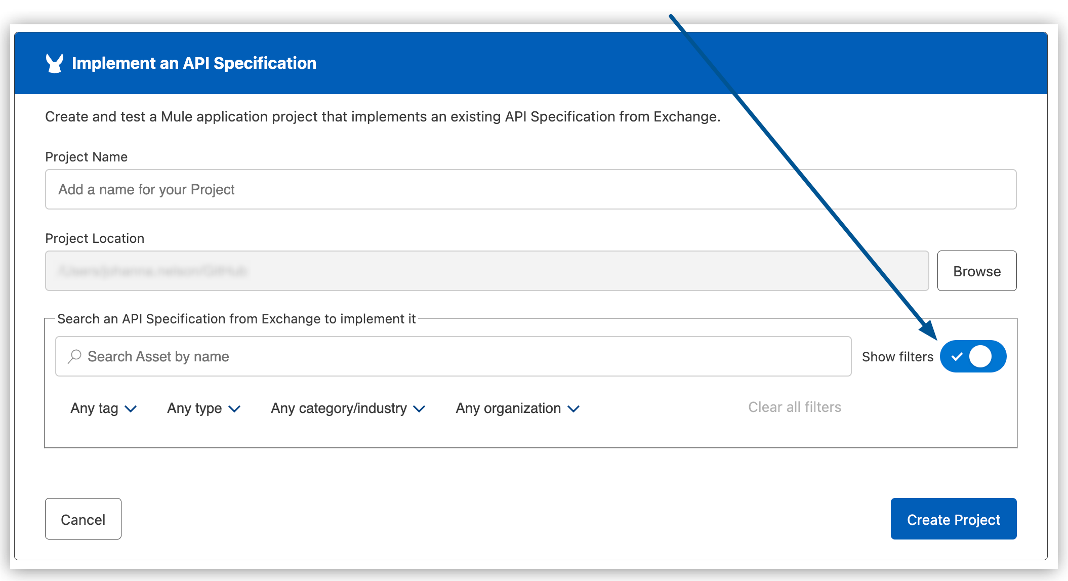 [Show filters (検索条件を表示)] 表示ラベルが強調表示されている [Implement API specification (API 仕様を実装)] 画面