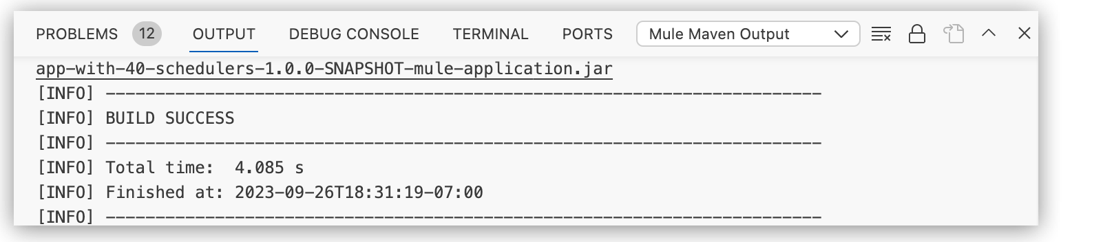 [Mule Maven Output (Mule Maven 出力)] が選択されている [Output (出力)] パネル