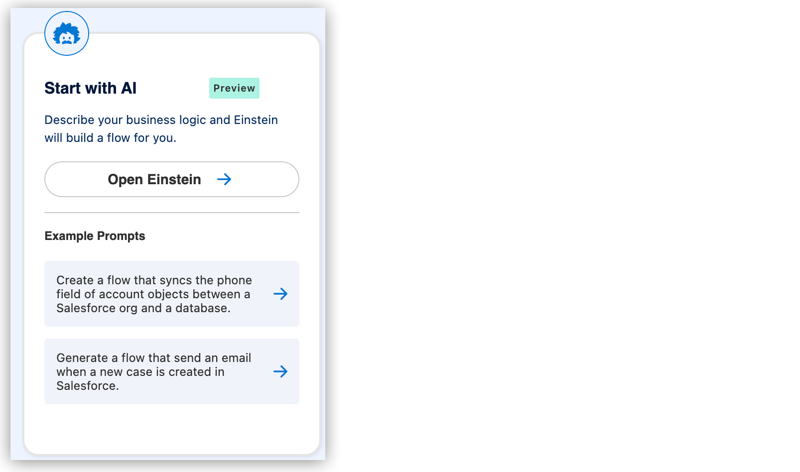 「Start with AI (AI を使用して開始)」 または 「Open Einstein (Einstein を開く)」 カード