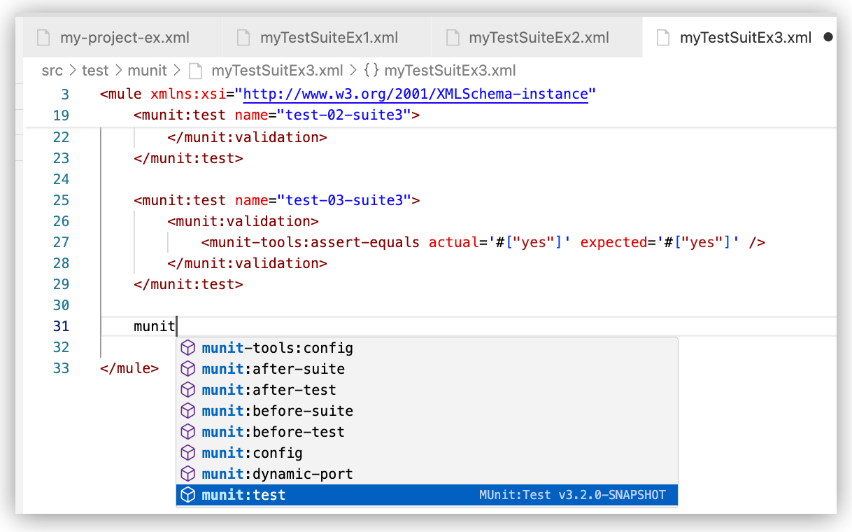 XML のオートコンプリートを使用した MUnit テスト要素の選択