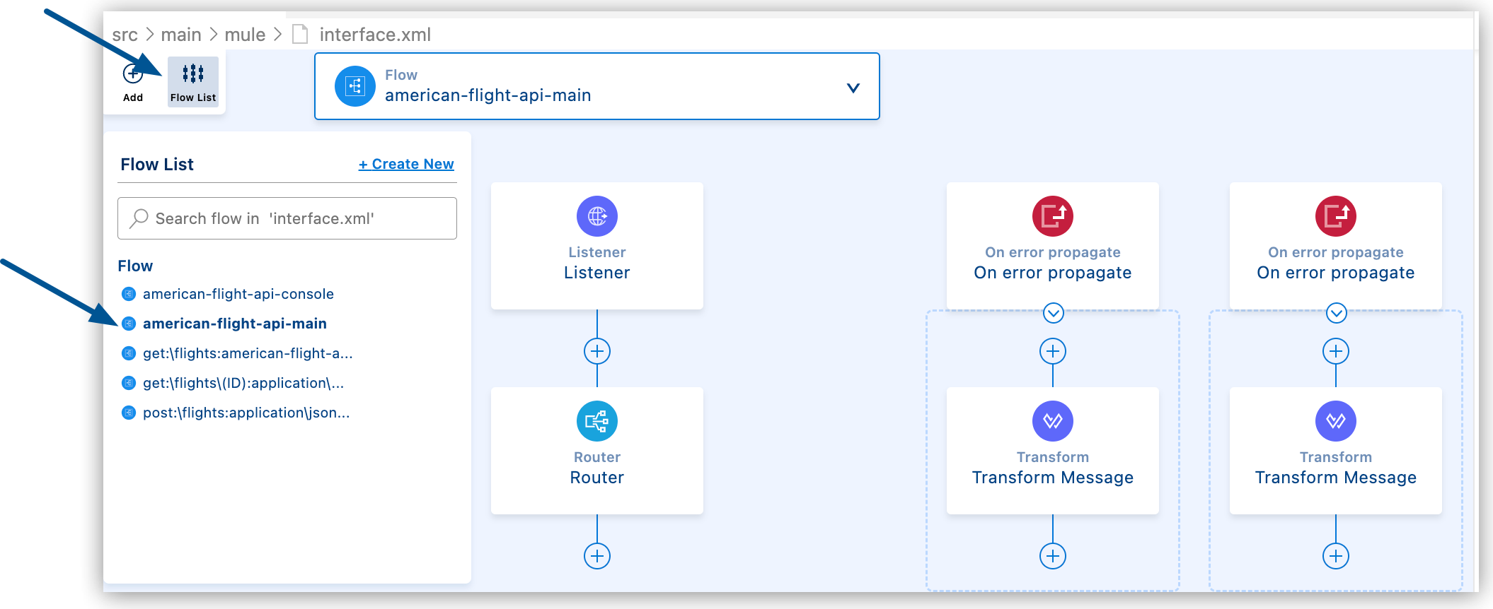 強調表示されている American-flights-api-main フロー