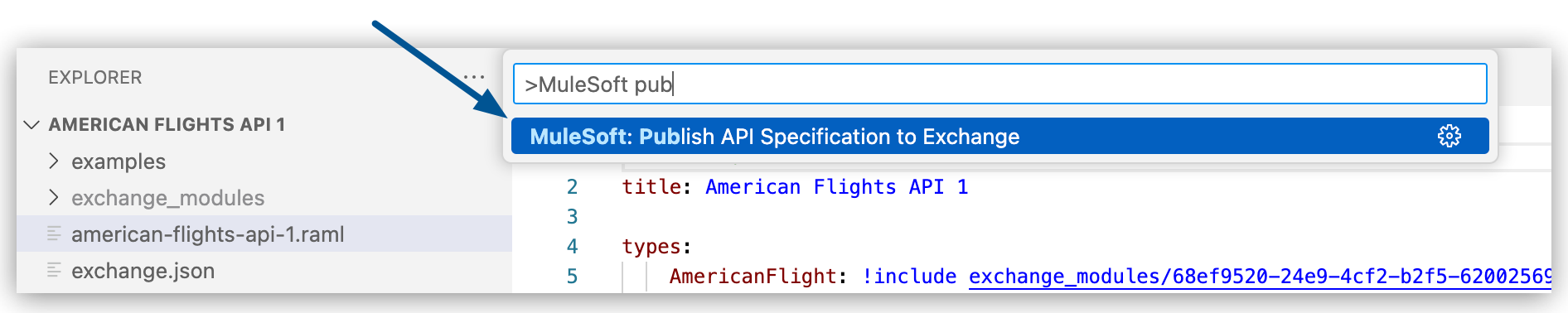コマンドパレット内で強調表示されている MuleSoft: Publish API Specification to Exchange