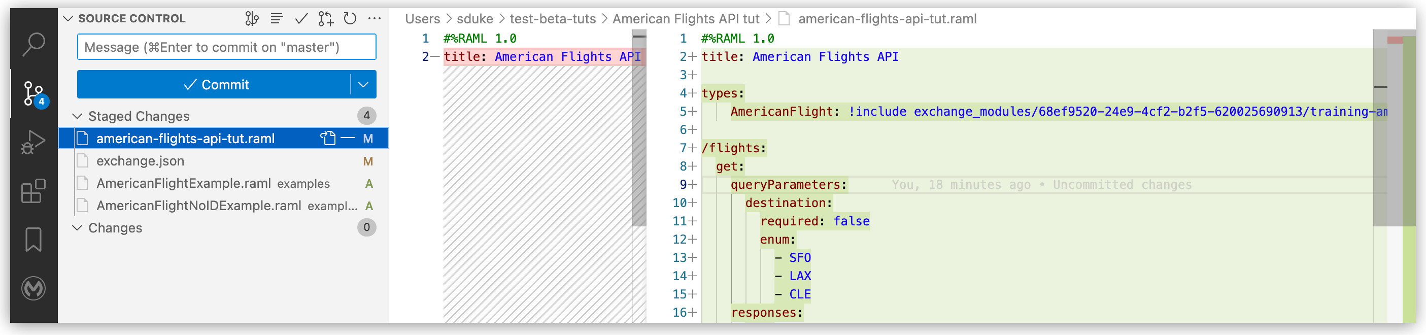 強調表示された american-flight-api.raml ファイルのソース制御番号とプラスアイコン