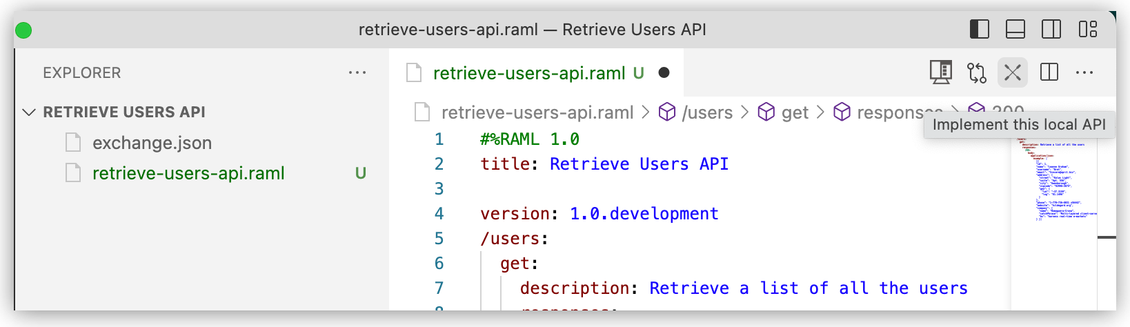 コマンド [Implement this Local API (このローカル API を実装する)] の X 型のアイコンが含まれる UI