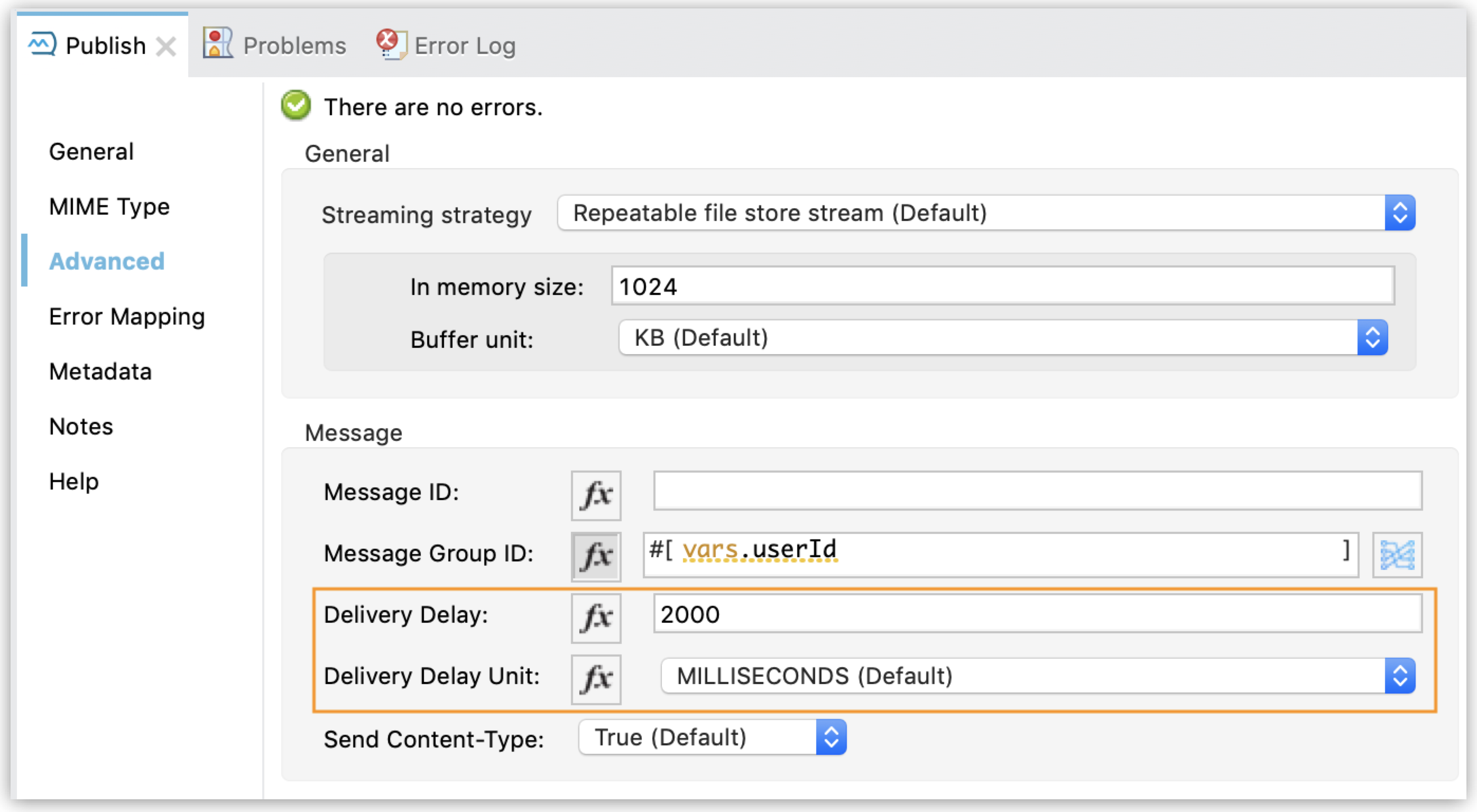 Anypoint MQ Publish の [Advanced (詳細)] タブ - [Delivery Delay (配信遅延)]