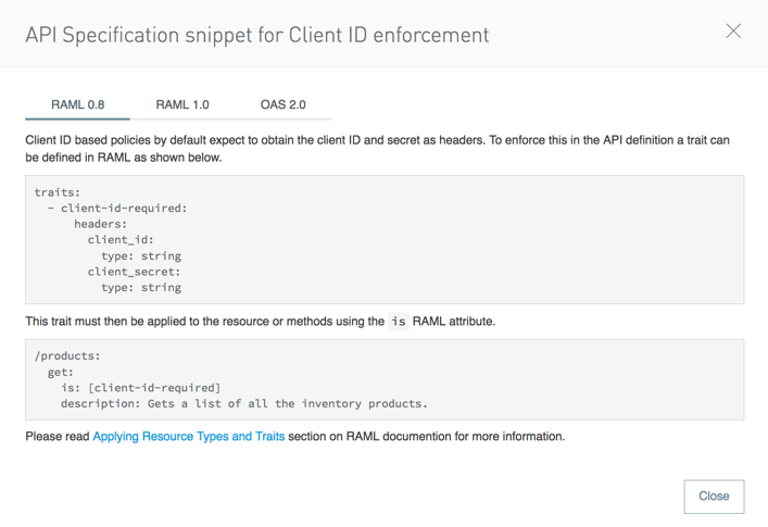 RAML 0.8 が選択された [API Specification Snippet (API 仕様スニペット)] ページ。