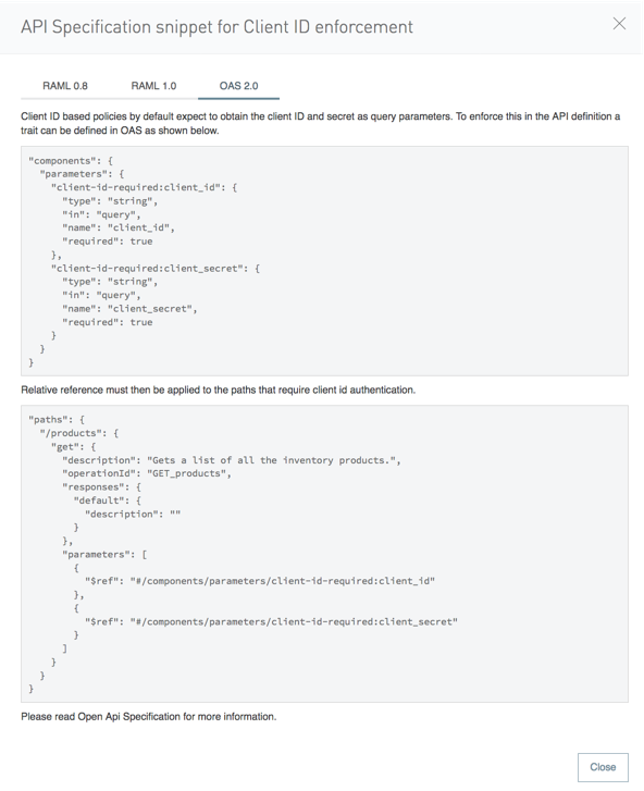 OAS 2.0 が選択された [API Specification Snippet (API 仕様スニペット)] ページ。