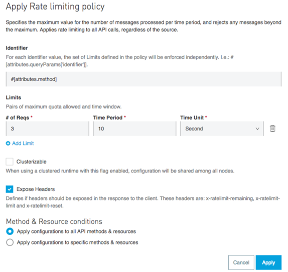 [Apply Rate limiting policy (レート制限ポリシーを適用)] ページ。