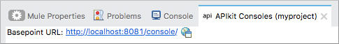 ウィンドウの [APIkit Consoles (APIkit コンソール)] タブに基点 URL の場所が表示されています。