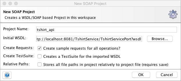 新規 SOAP プロジェクトウィンドウで、初期 WSDL ファイル http://localhost:8081/TshirtService/TshirtServicePort?wsdl が表示されています