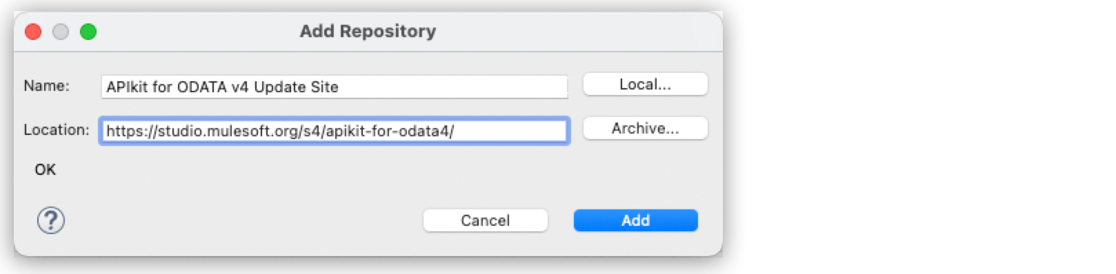 リポジトリを追加するためのウィンドウで *[Add (追加)]* ボタンおよび名前と場所項目が強調表示されています