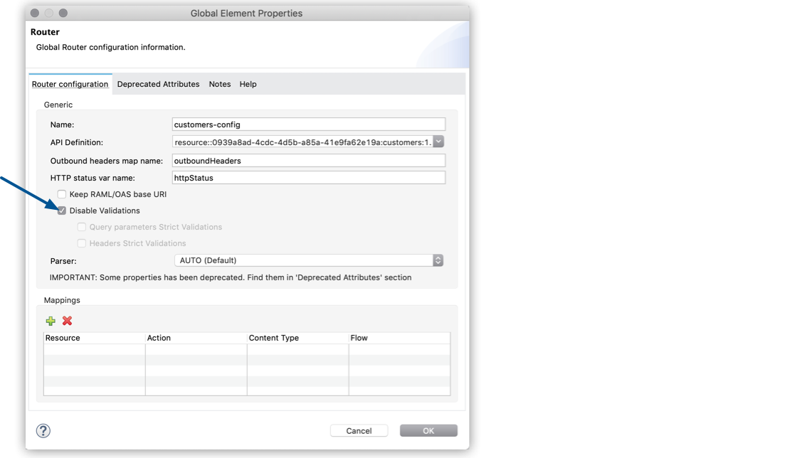 [Router Configuration (ルーター設定)] タブで、*[Disable Validation (検証の無効化)]* オプションが強調表示されています