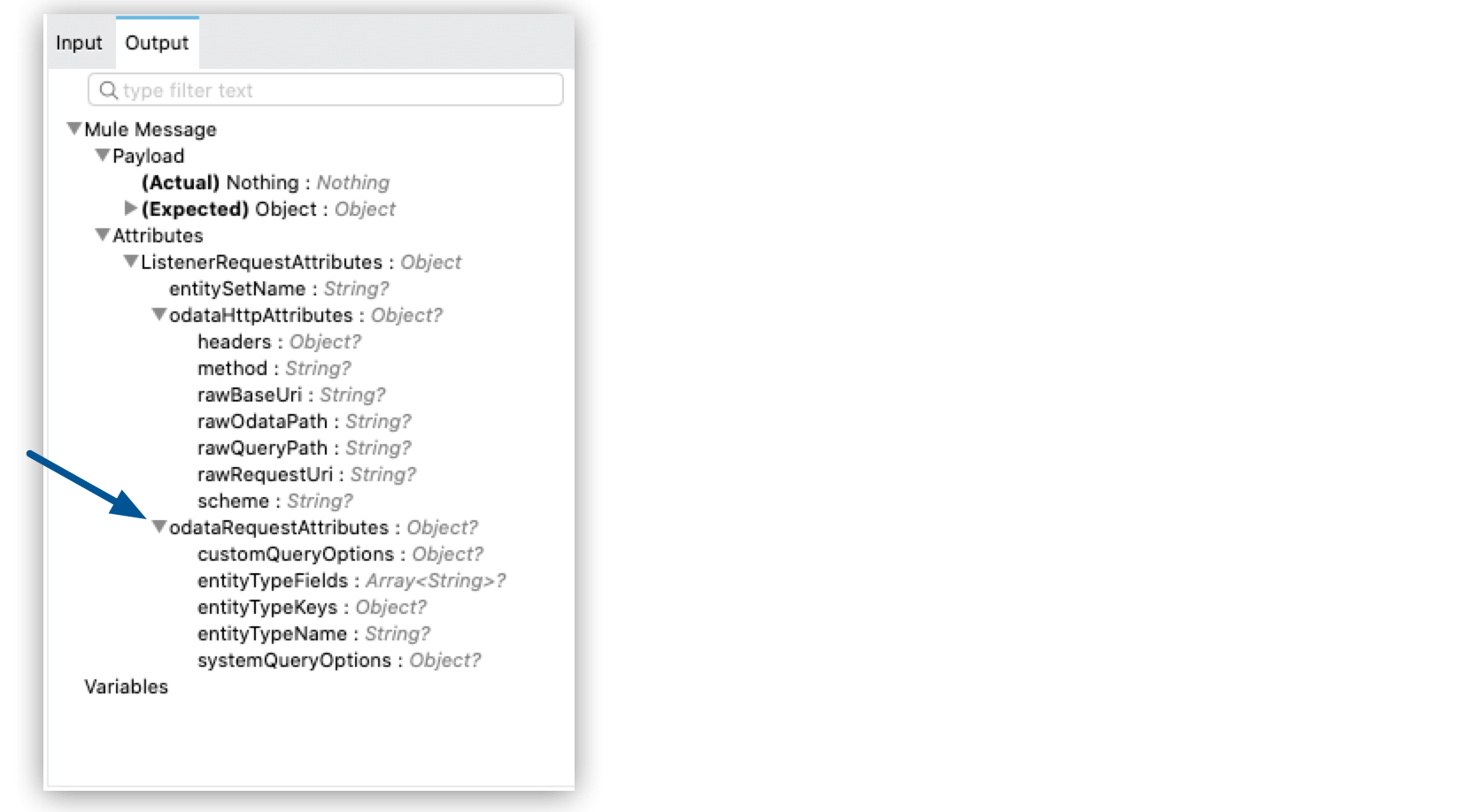 [Output (出力)] タブで、属性の下の Mule メッセージ内の [odataRequestAttributes] が強調表示されています