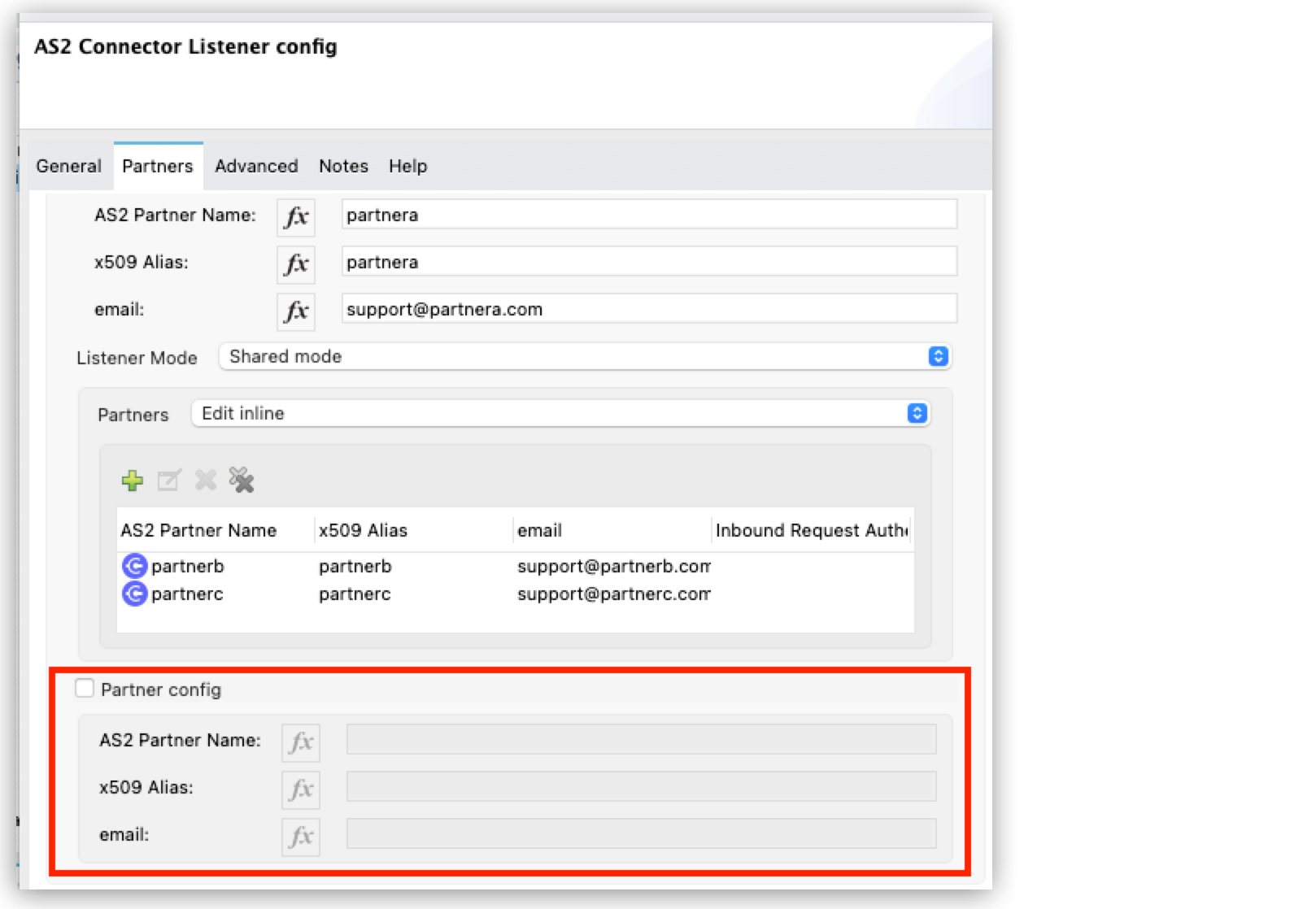 「AS2 Connector Listener config (AS2 Connector リスナー設定)」 画面の強調表示されたセクションでは項目を設定しない。
