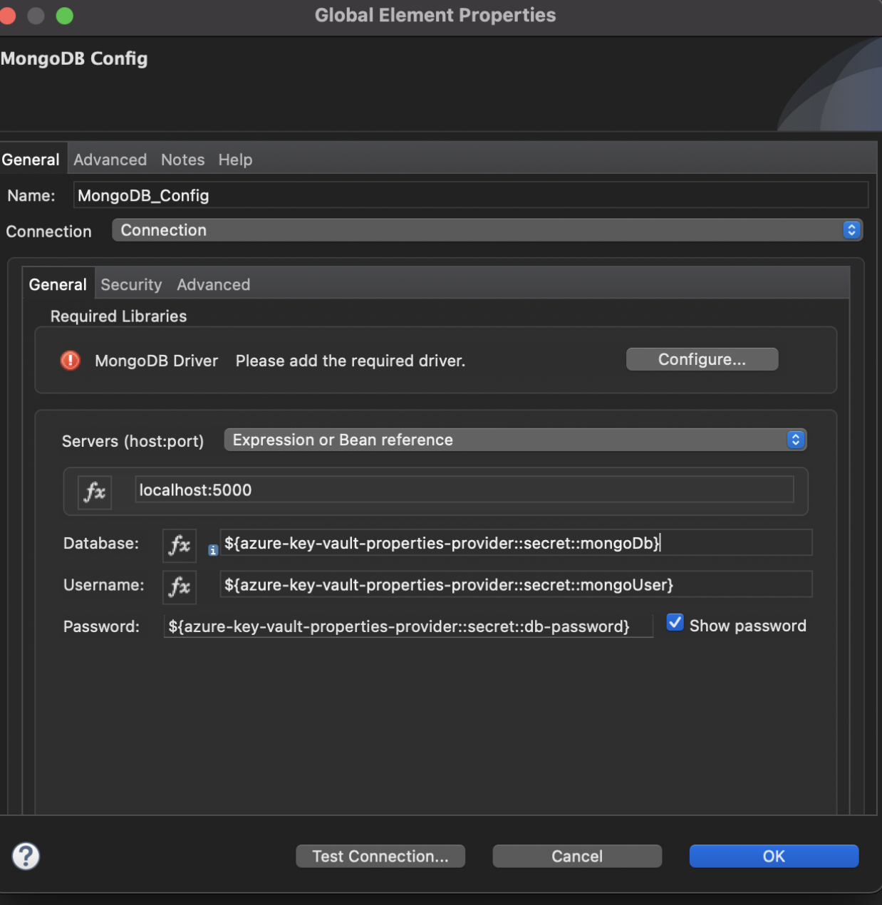 設定ウィンドウで Azure Key Vault Properties Provider を使用している MongoDB Connector の例