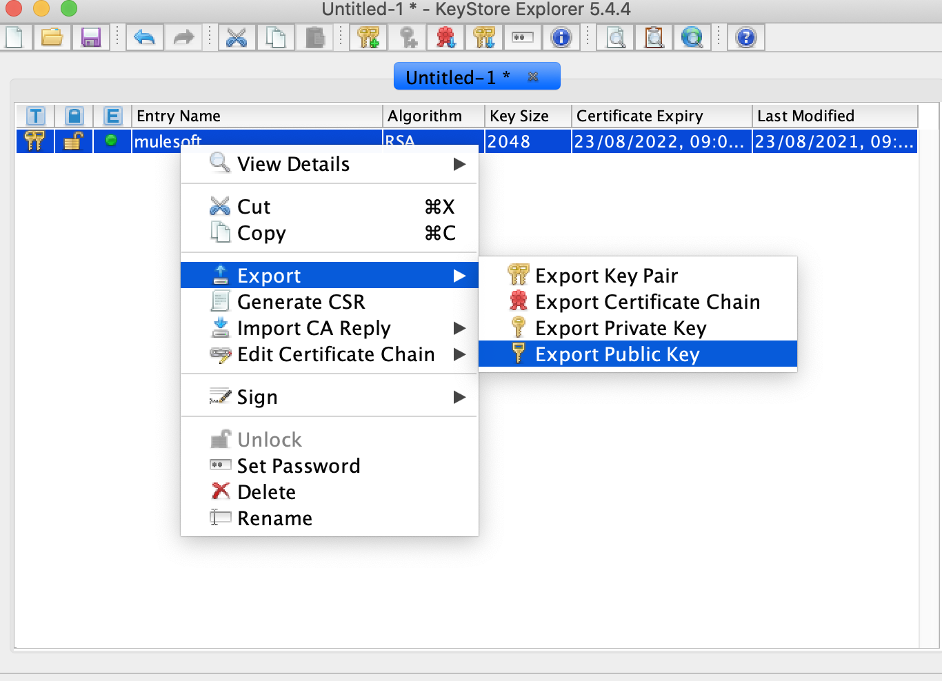 「Export Public Key (公開キーをエクスポート)」 へのナビゲーション