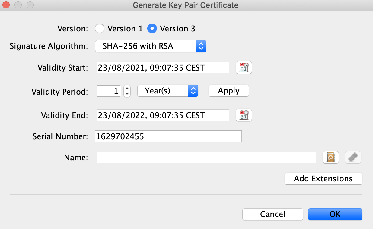 「Generate Key Pair Certificate (キーペア証明書を生成)」 ダイアログボックス