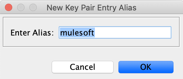 「New Key Pair Entry Alias (新しいキーペアエントリの別名)」 ダイアログボックスに mulesoft 別名を追加