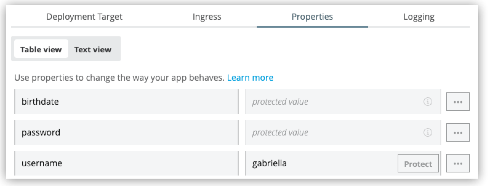 アプリケーションの [Settings (設定)] ページの [Properties (プロパティ)] タブで保護された値