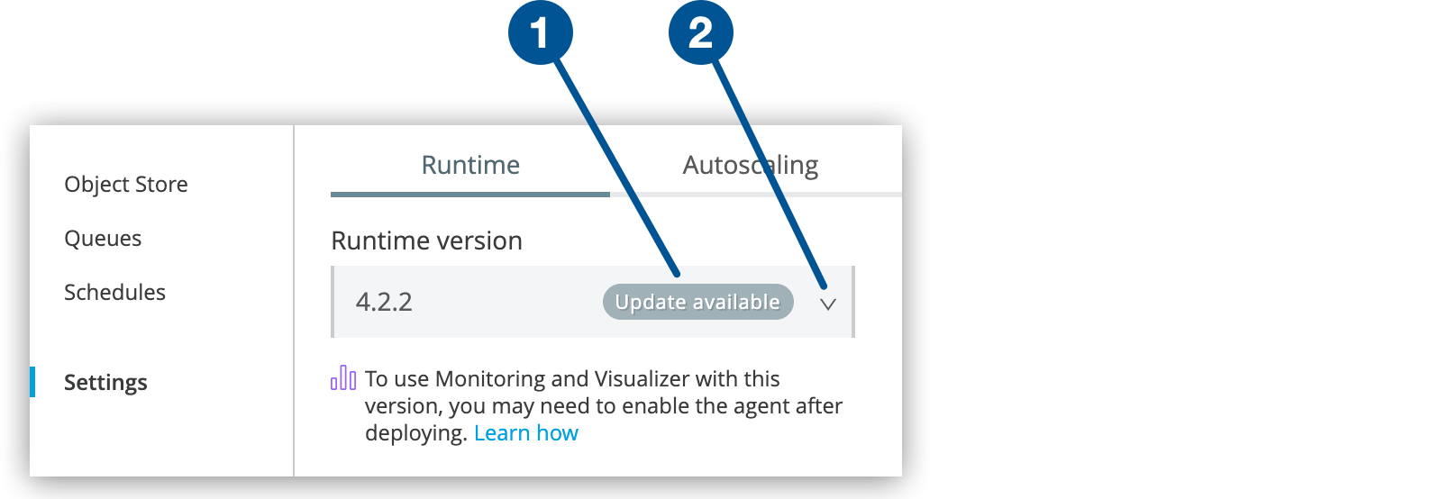 アプリケーションの 「Settings (設定)」 ページの 「Update available (更新が使用可能)」 と 「Runtime version (ランタイムバージョン)」 メニュー