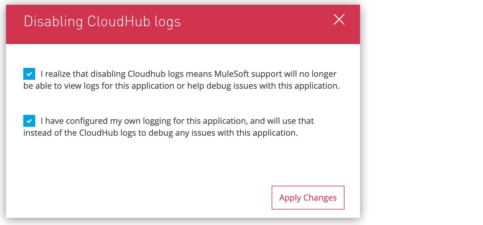 「Disable CloudHub logs (CloudHub ログを無効化)」 確認ウィンドウ