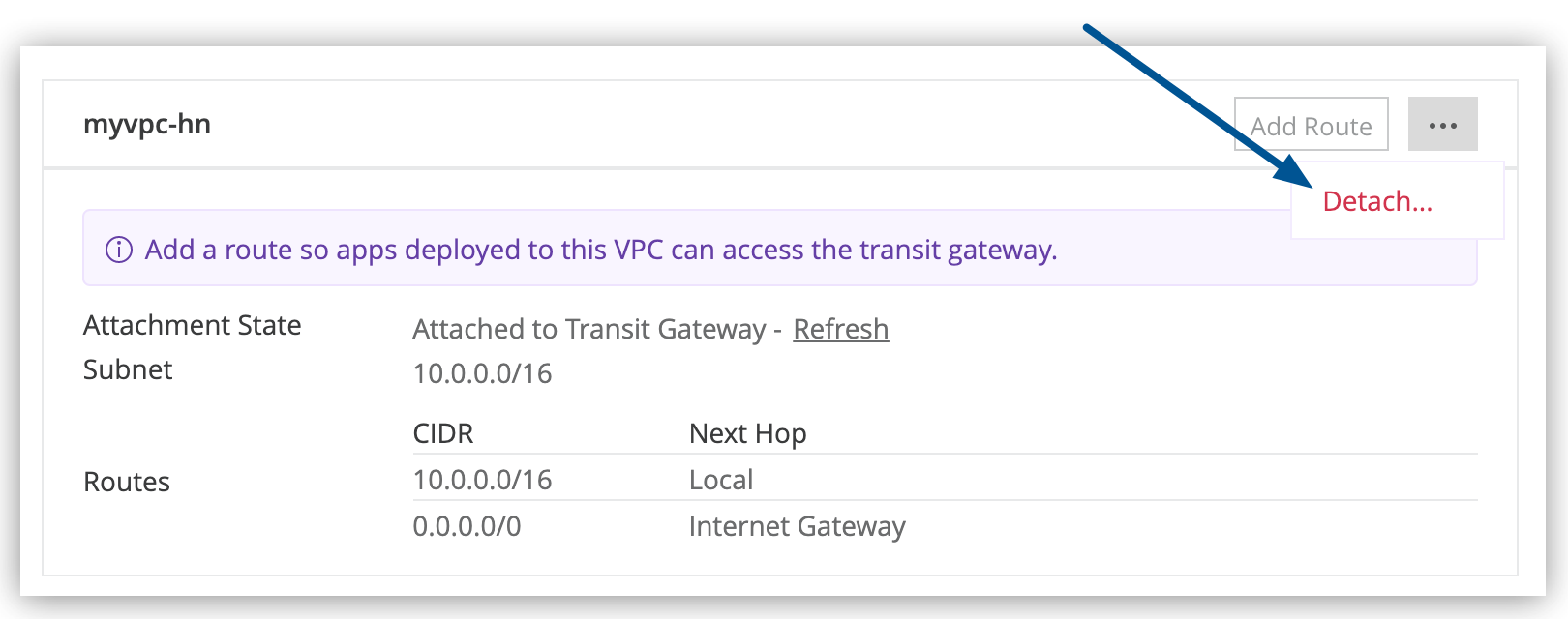 VPC メニューの [Detach VPC (VPC をデタッチ)] オプション