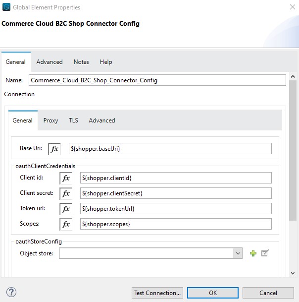 OAuth 2.0 クライアントログイン情報接続の値が含まれた [Commerce Cloud B2C Shop Connector Config (Commerce Cloud B2C Shop コネクタ設定)]