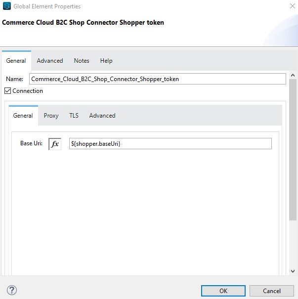 [Commerce Cloud B2C Shop Connector Shopper Token Config (Commerce Cloud B2C Shop コネクタの Shopper トークン設定)] の [General (一般)] タブ