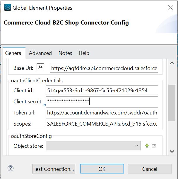 OAuth 2.0 クライアントログイン情報接続の値が含まれた [Commerce Cloud B2C Shop Connector Config (Commerce Cloud B2C Shop コネクタ設定)]