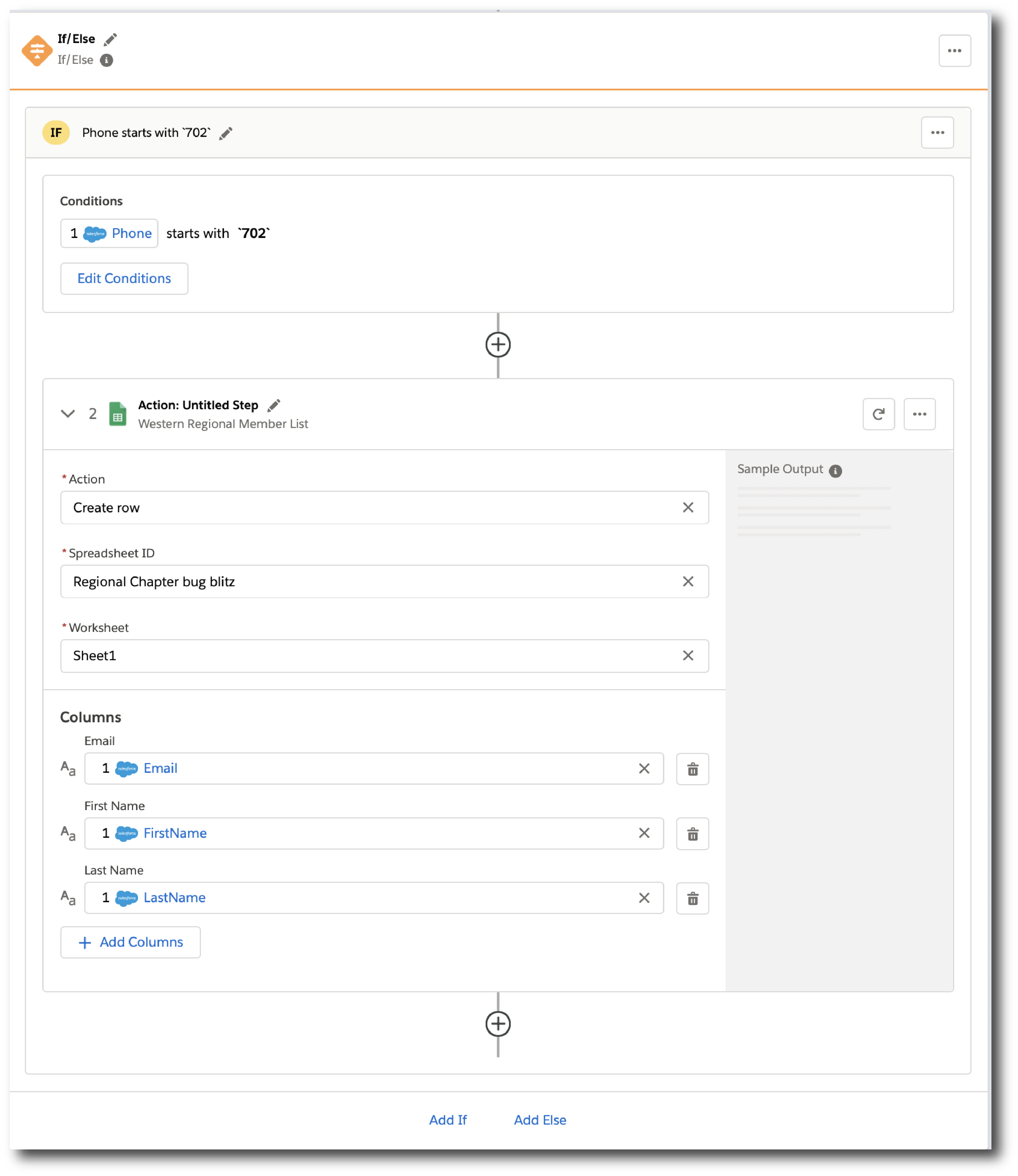 If Else ブロックが含まれるサンプルアクション設定