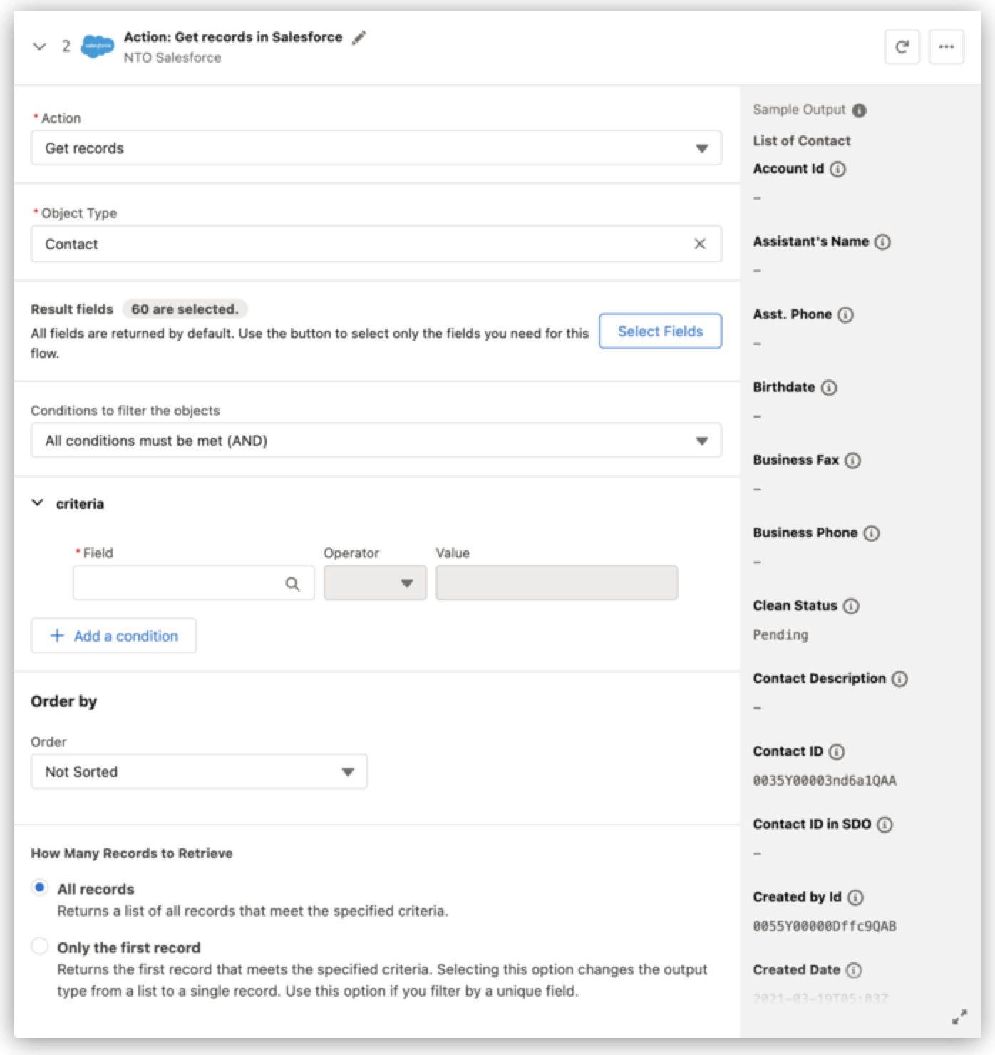 Salesforce Connector の [Get Records (レコードの取得)] サンプルアクション設定