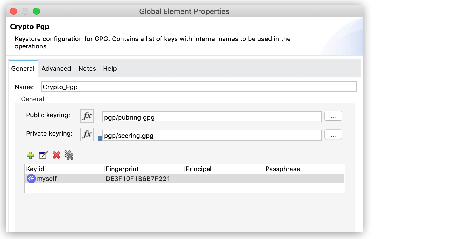 キーリングの詳細が含まれる暗号化 PGP のグローバル要素プロパティ