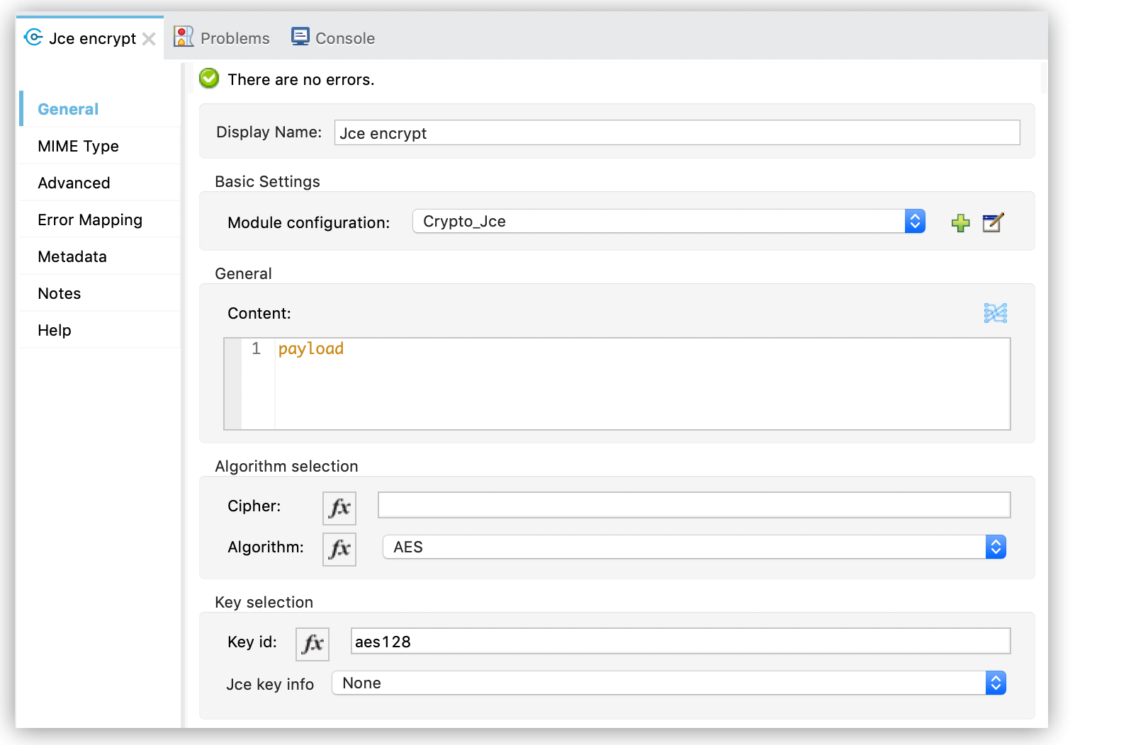 コンテンツ、アルゴリズム、キー選択の設定が表示されている JCE 暗号化の設定パネル