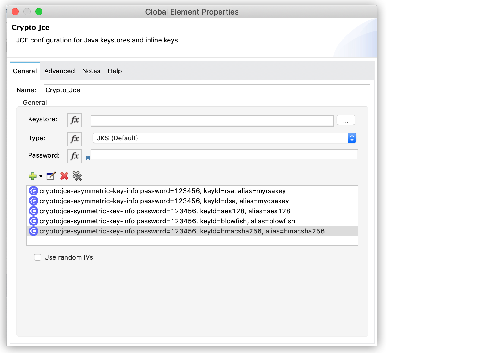 キーストアの詳細が含まれる暗号化 JCE のグローバル設定プロパティ
