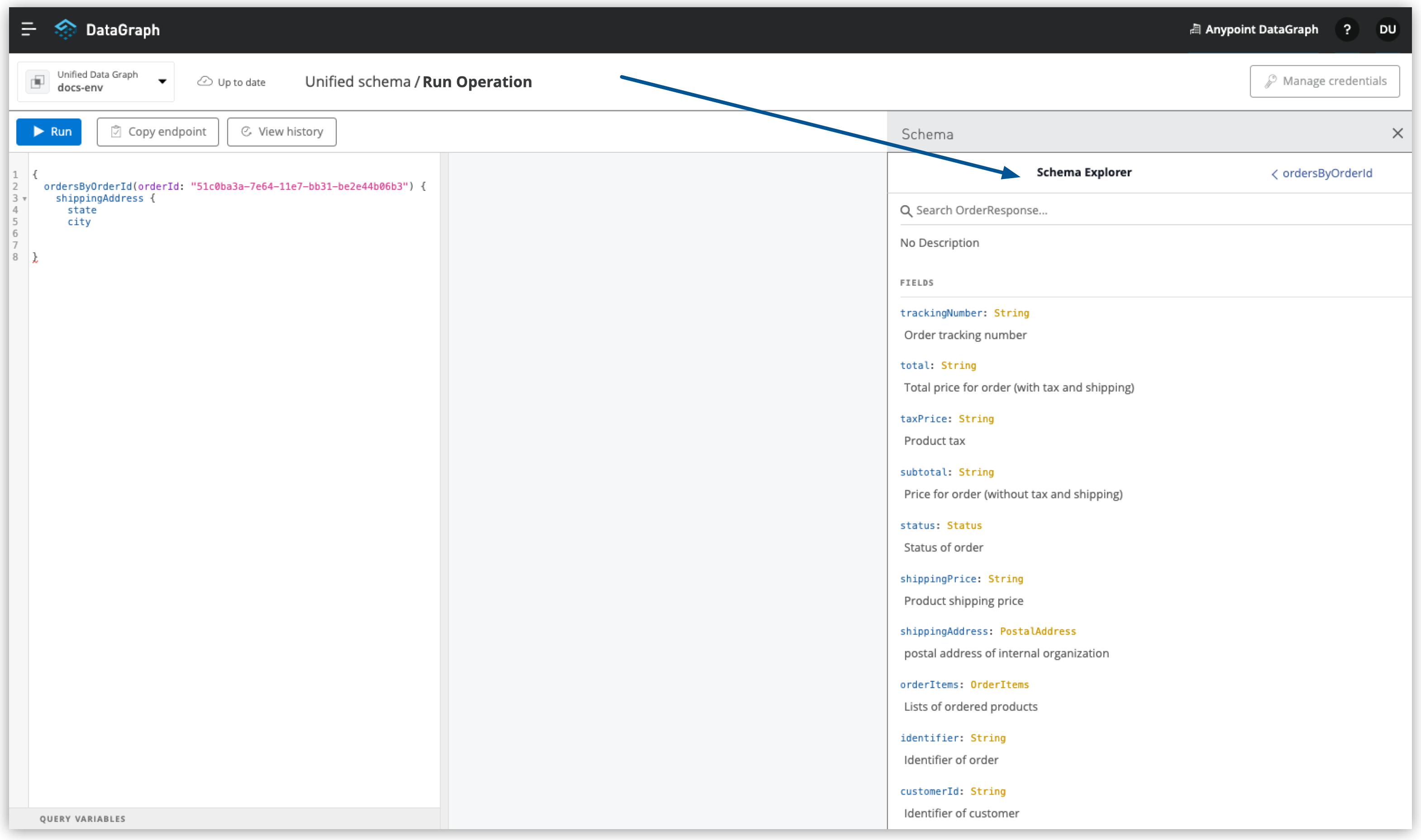 クエリエディターに表示された schema explorer