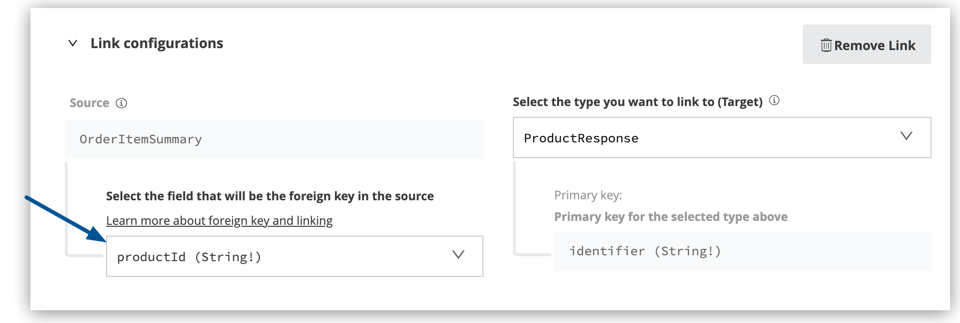 リンク設定の外部キー項目で product ID string に設定