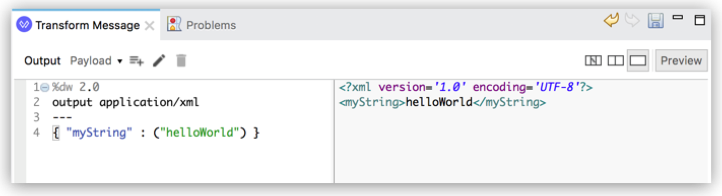 XML 形式で「helloWorld」を出力する DataWeave スクリプト