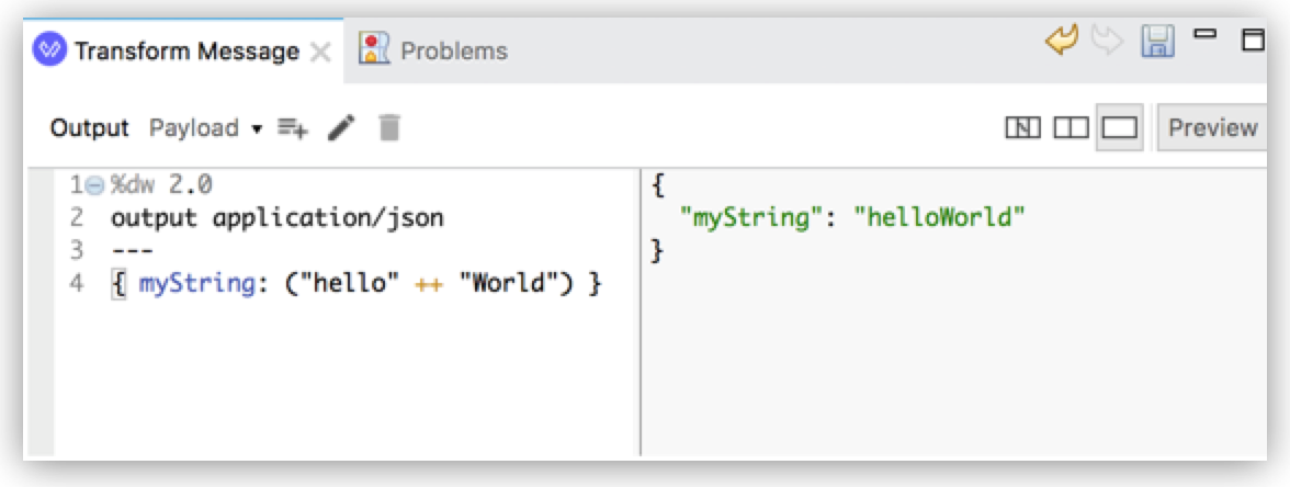 JSON 形式で「helloWorld」を出力する DataWeave スクリプト