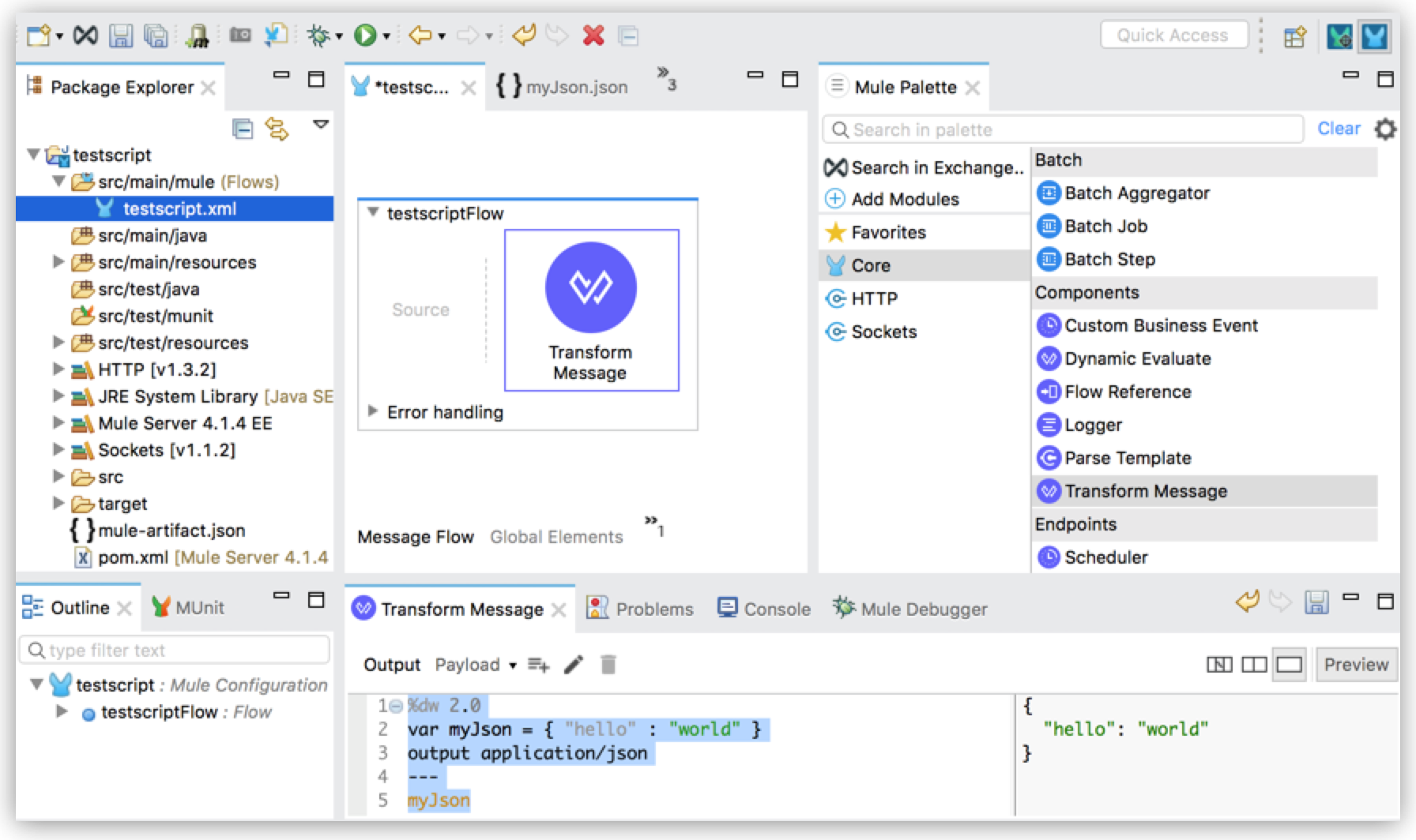 基本的な JSON 出力が表示されている Anypoint Studio のスクリプト