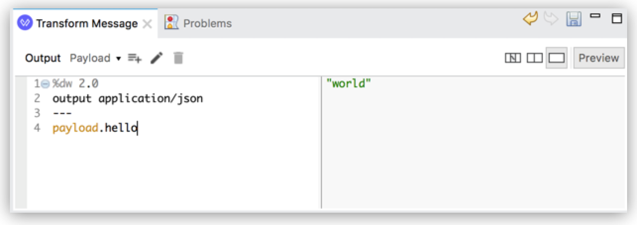 Anypoint Studio で「world」という単語を JSON 形式で出力する DataWeave スクリプト