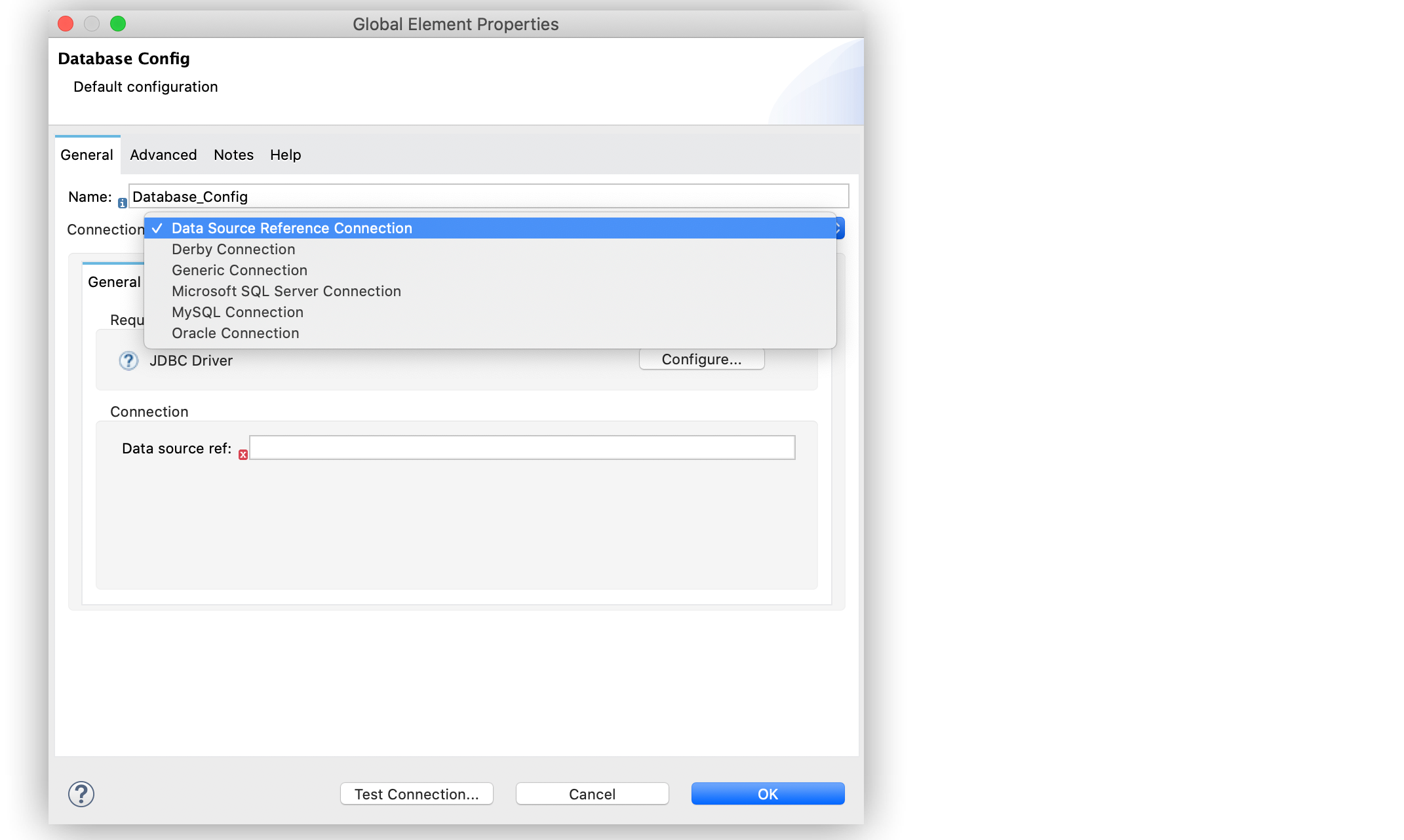 Database Connector の [Global Element Configuration (グローバル要素設定)]