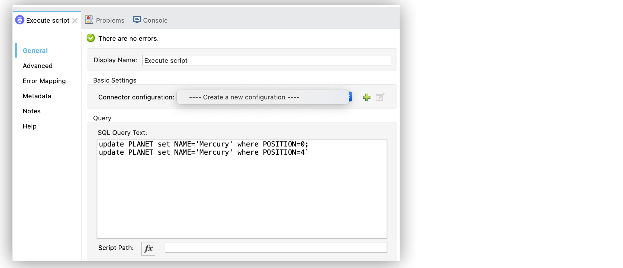 Studio での Execute script 操作の設定 ([SQL Query Text (SQL クエリテキスト)] 項目で、実行する SQL クエリスクリプトを設定)