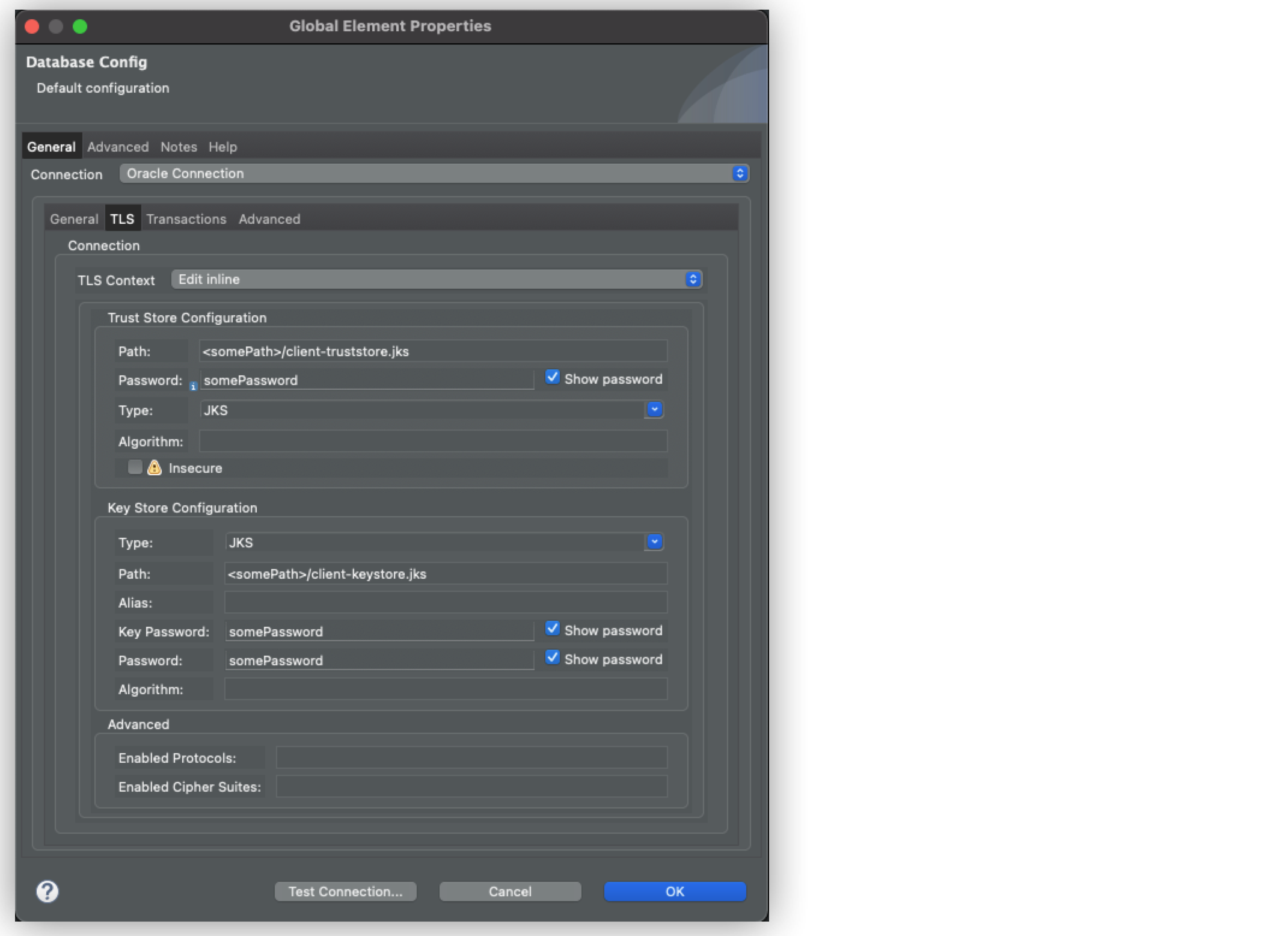 [Secure Oracle Connection General Configuration (セキュア Oracle 接続の全般的な設定)] ウィンドウ