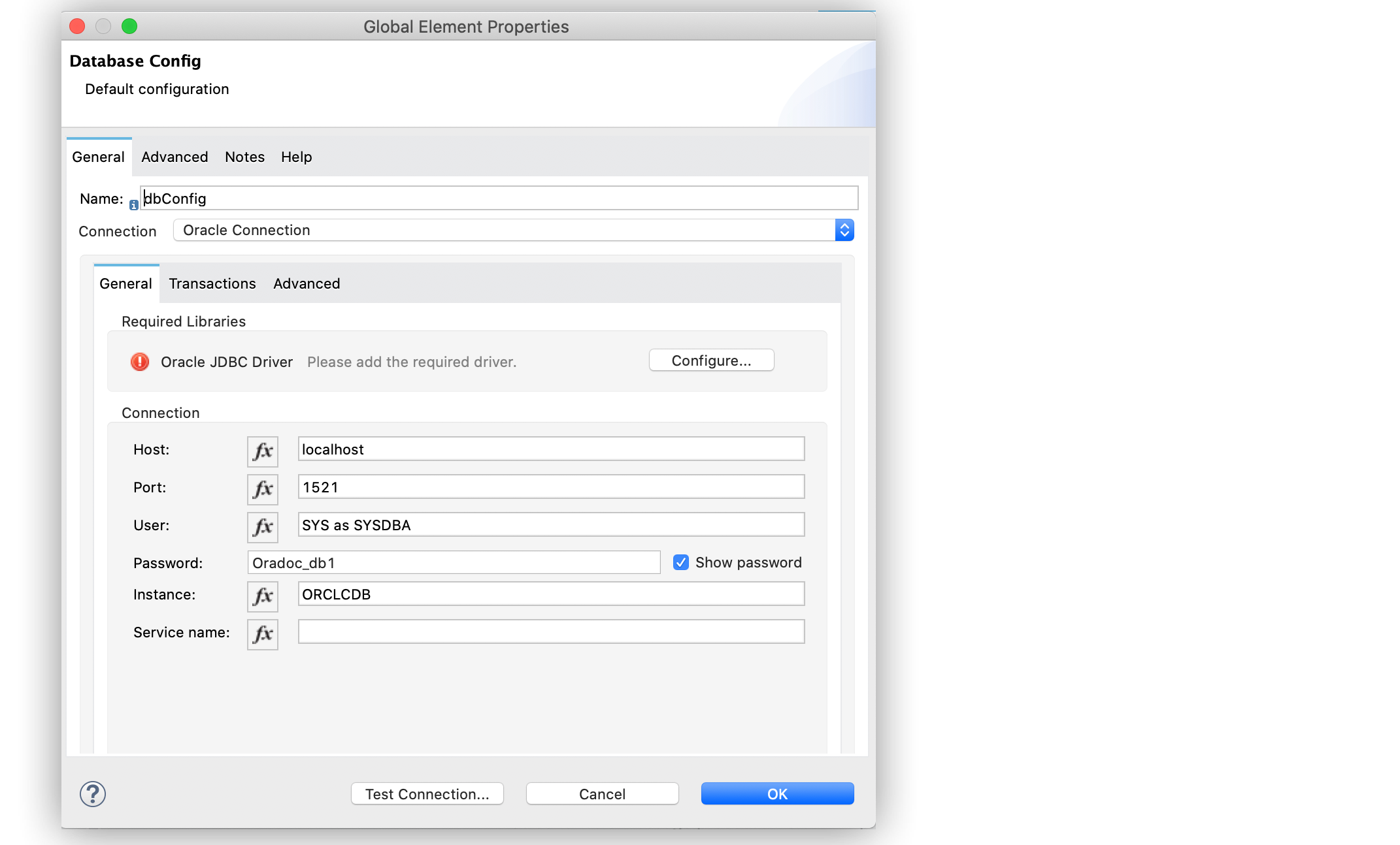 「Host (ホスト)」、「Port (ポート)」、「User (ユーザー)」、[Password (パスワード)] 項目を設定するデータベースのグローバル要素設定。