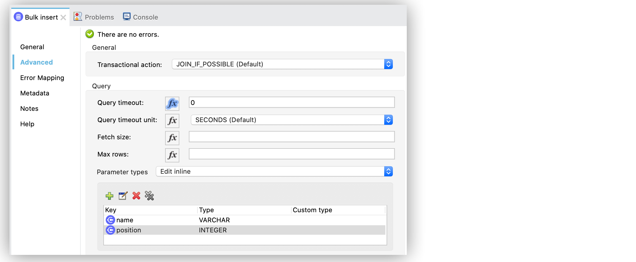 「Parameter types (パラメーターの型)」 項目を 「Edit Inline (インライン編集)」 に設定し、プラス記号をクリックして新しいパラメーターを作成します。