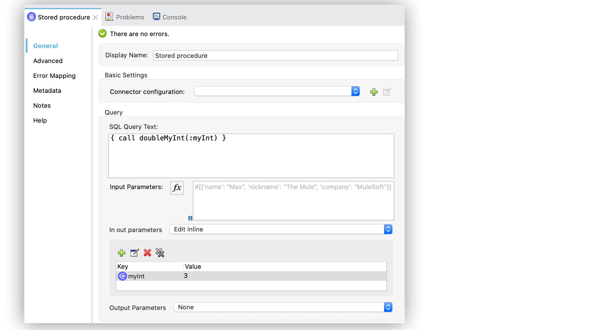 「In out parameters (入出力パラメーター)」 項目を使用した Stored procedure 操作の設定