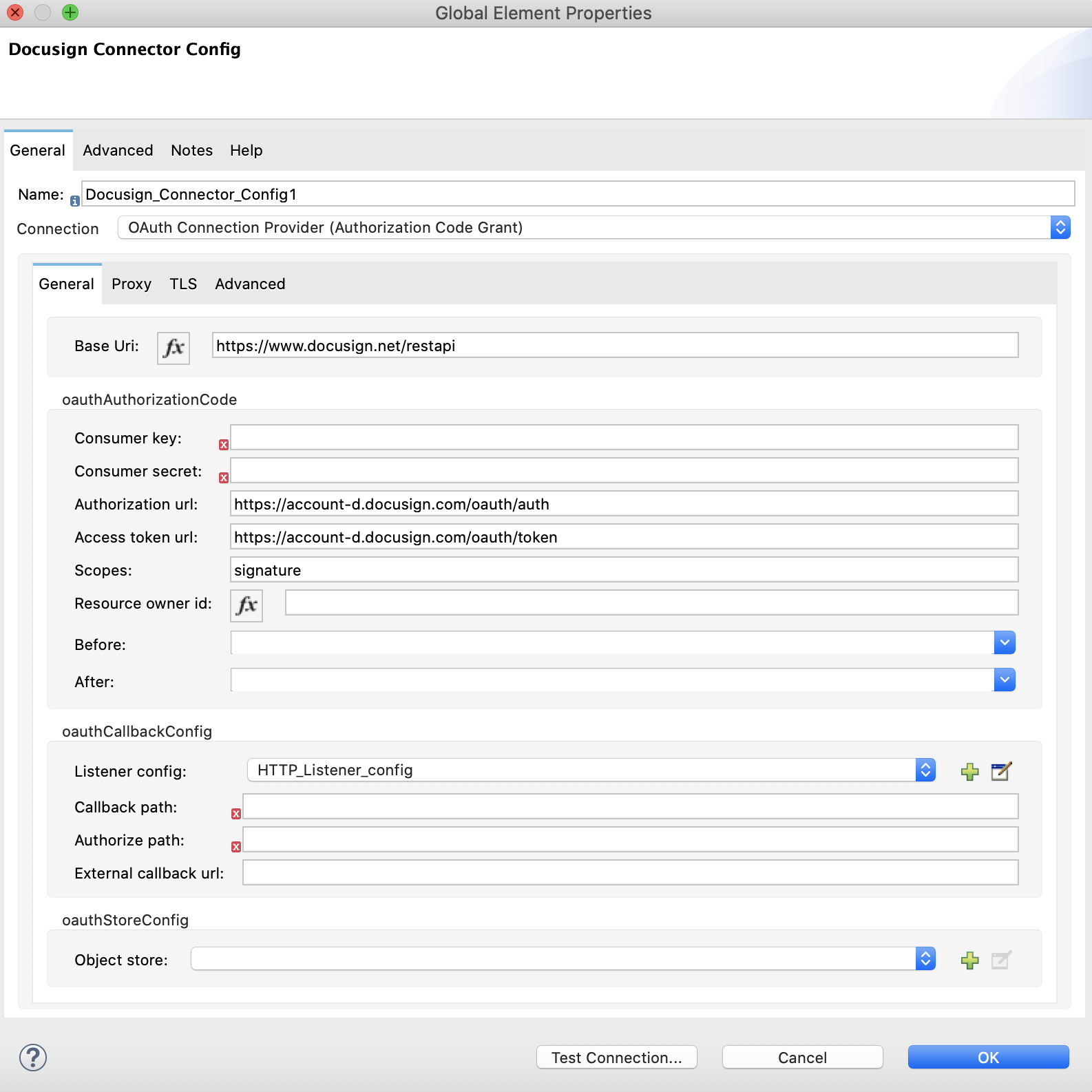 OAuth 接続プロバイダー (認証コード許可) 認証の [General (一般)] タブ