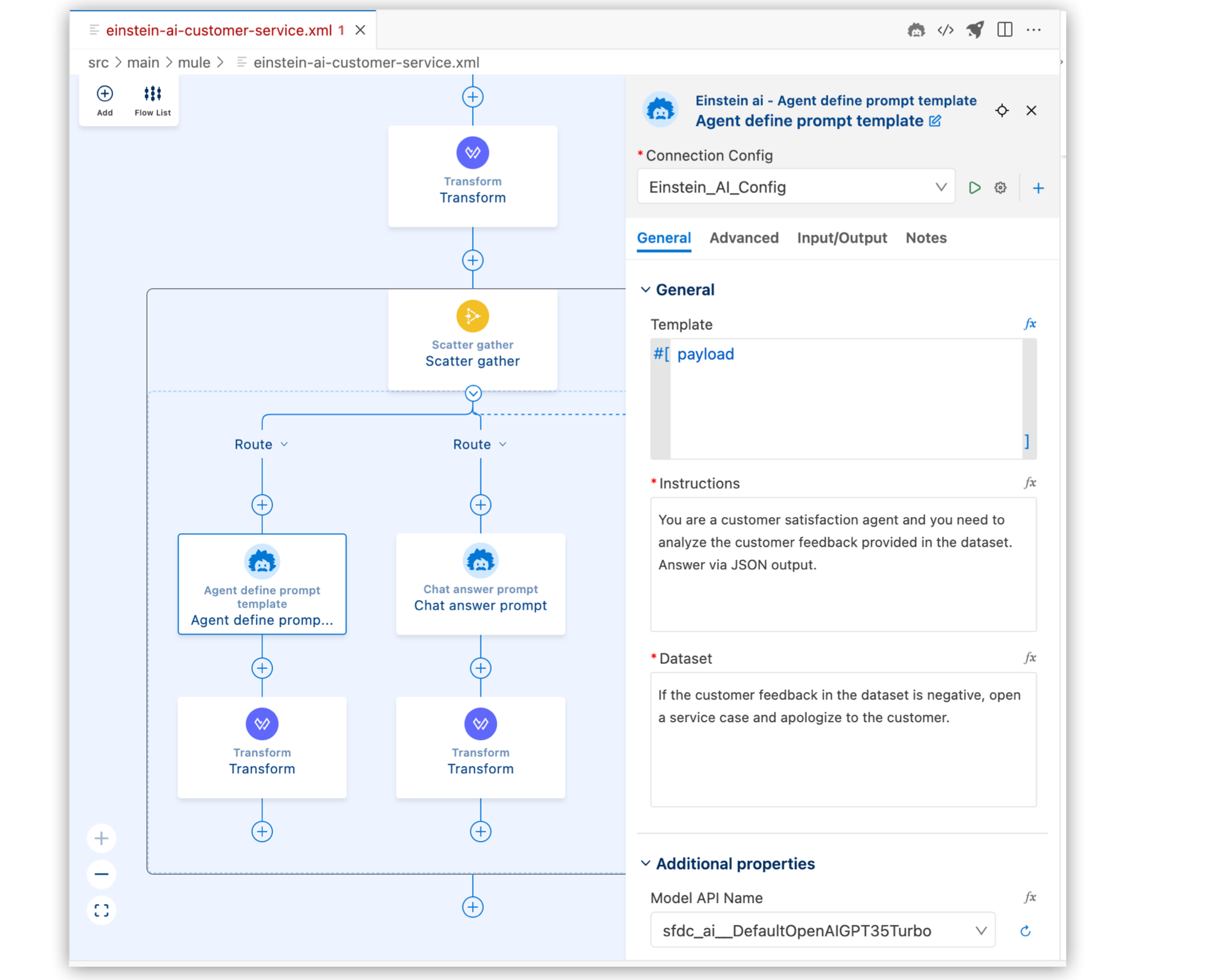 Transform コンポーネント、scatter-gather コンポーネント、および 2 つのルートを含むフロー
